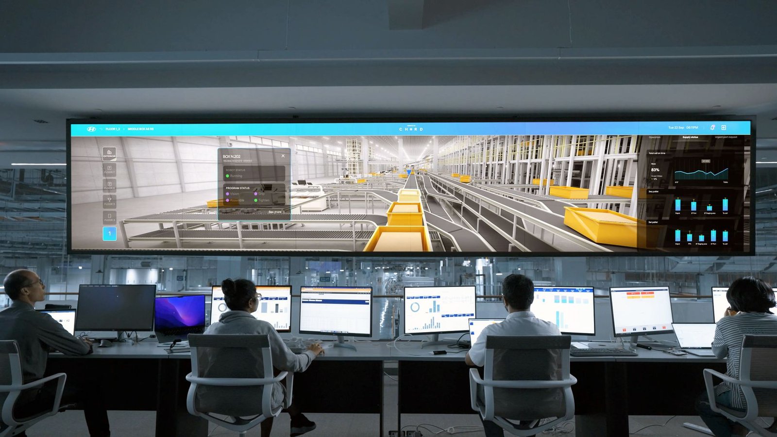 Operadores em estações de trabalho diante de painéis de dados e videowall em uma central de monitoramento